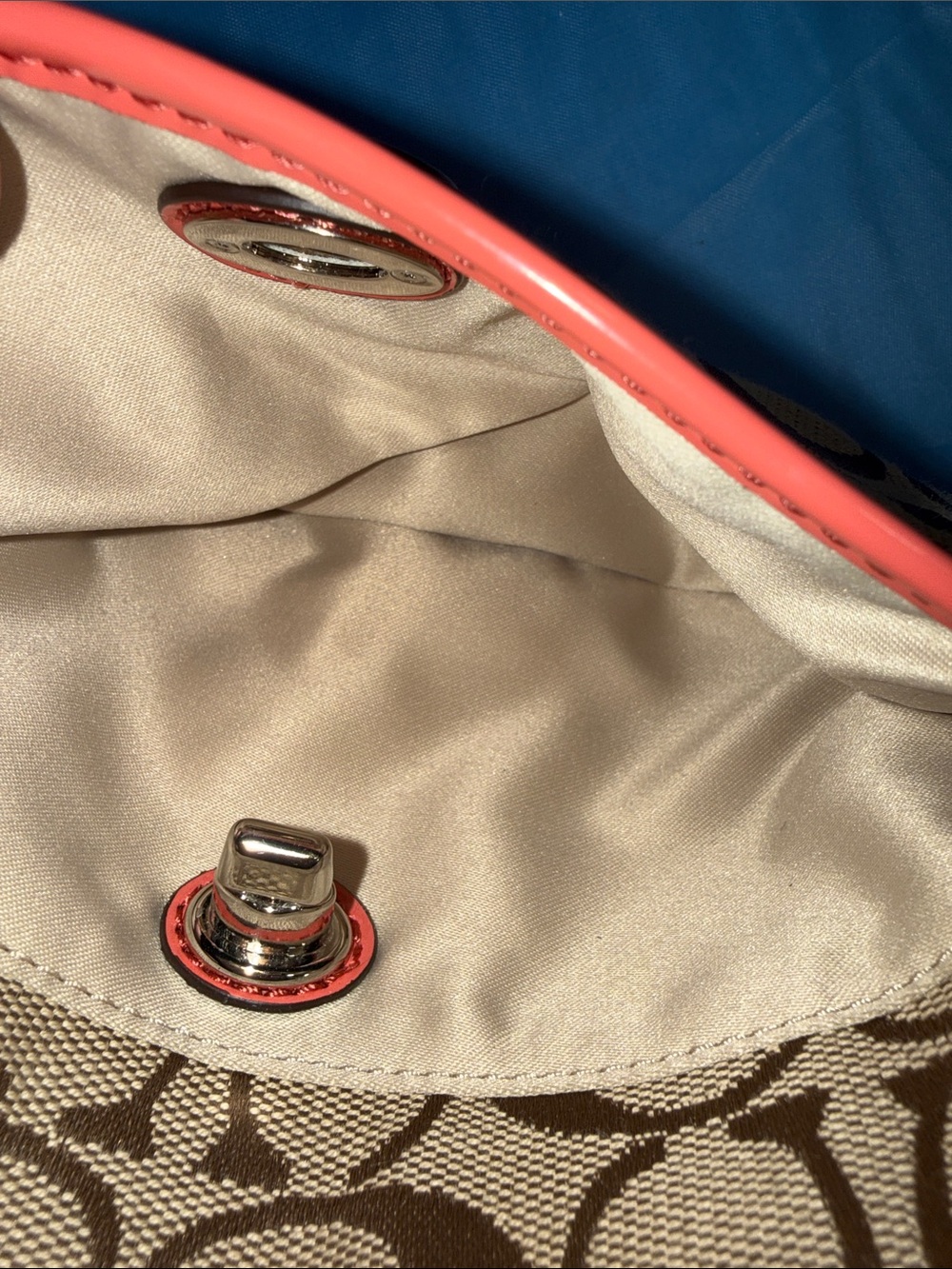Coach Tan Signature Wristlet with Brown Trim and Coral Accent and key charm - Picture 4 of 6